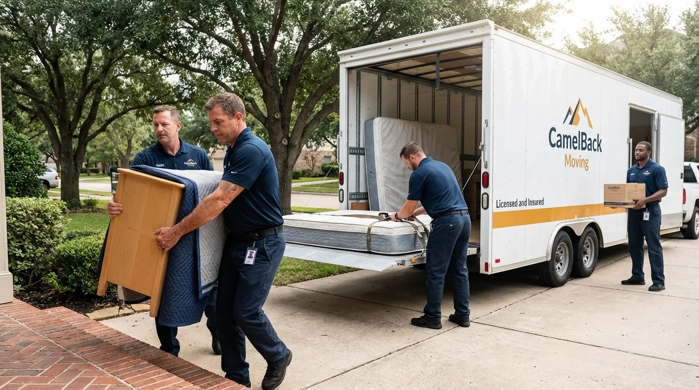 Crew loading residential truck for cross-state move from International Falls, MN