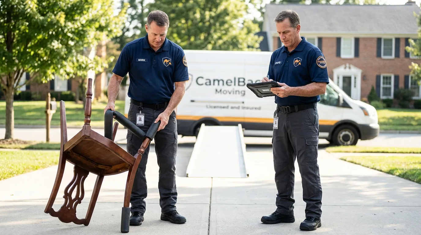 Movers inspecting furniture for damage prevention before loading in International Falls, MN