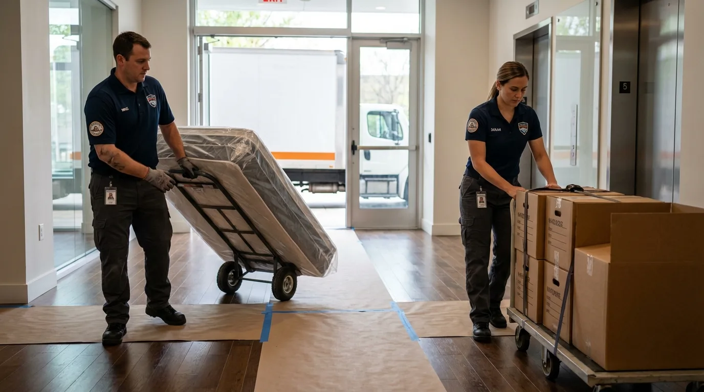 Professional apartment movers loading elevator in International Falls, MN
