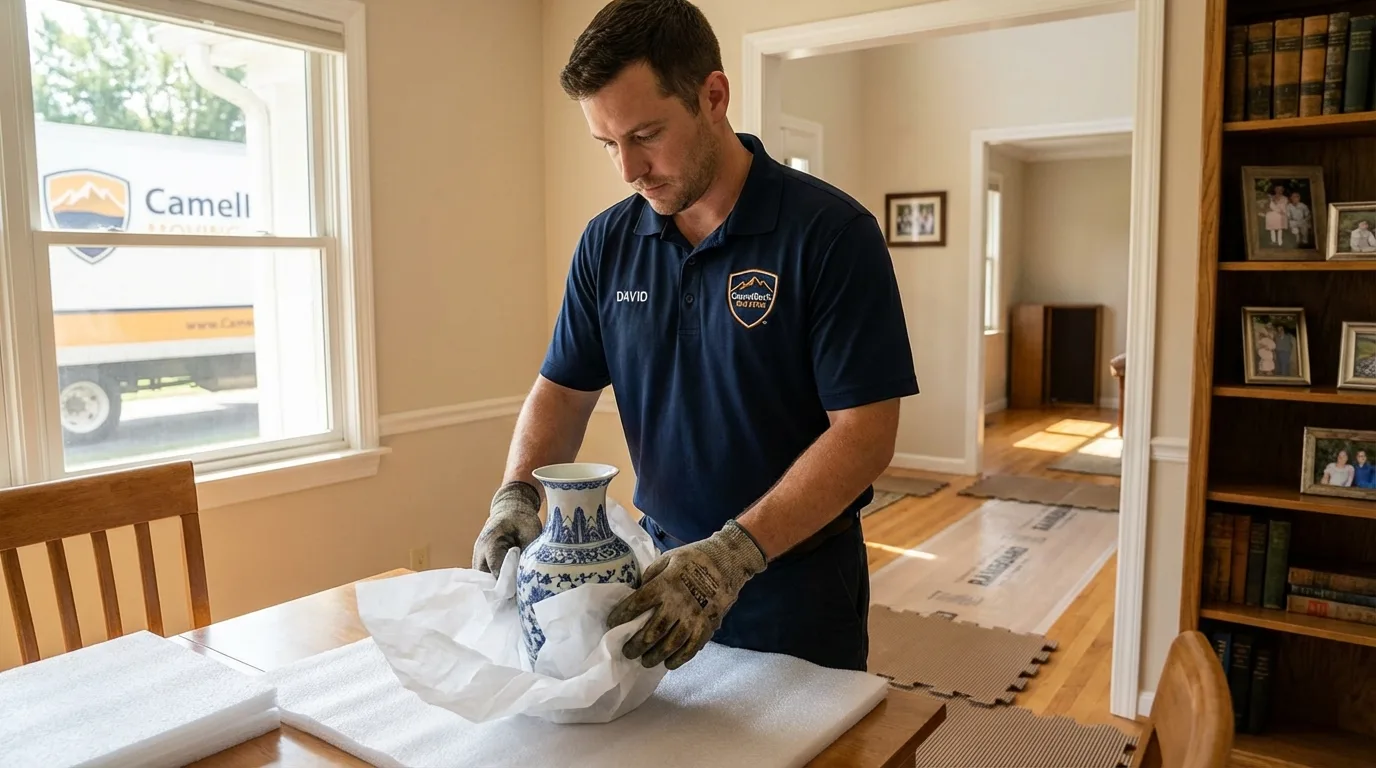 Professional crew carefully wrapping antique vase for senior downsizing move in International Falls, MN