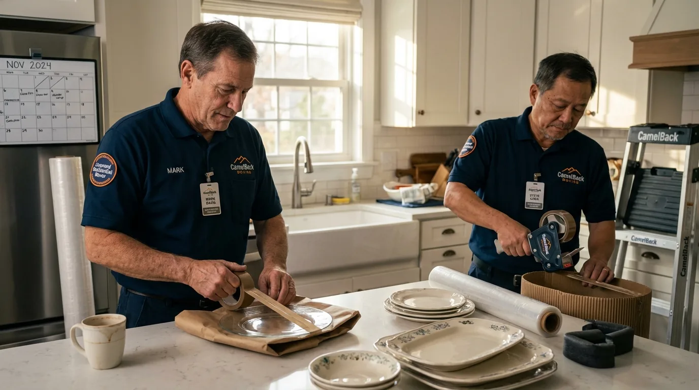 Professional crew packing kitchen dishware in International Falls, MN